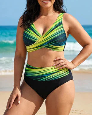 Bikini Donna Vita Alta Top Incrociato Stampa Geometrica Modellante