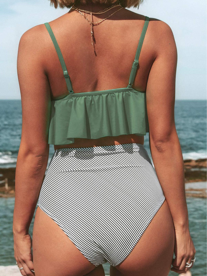 Bikini Donna Vita Alta Modellante a Righe con Top Volant