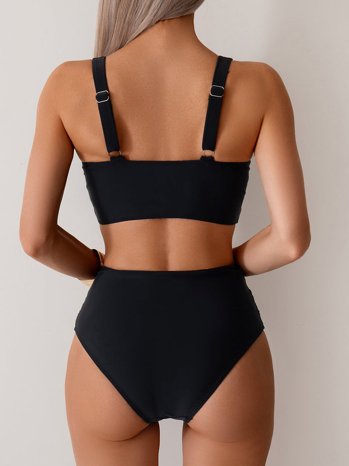 Bikini Due Pezzi Donna Vita Alta - Top Incrociato Contenitivo Tinta Unita
