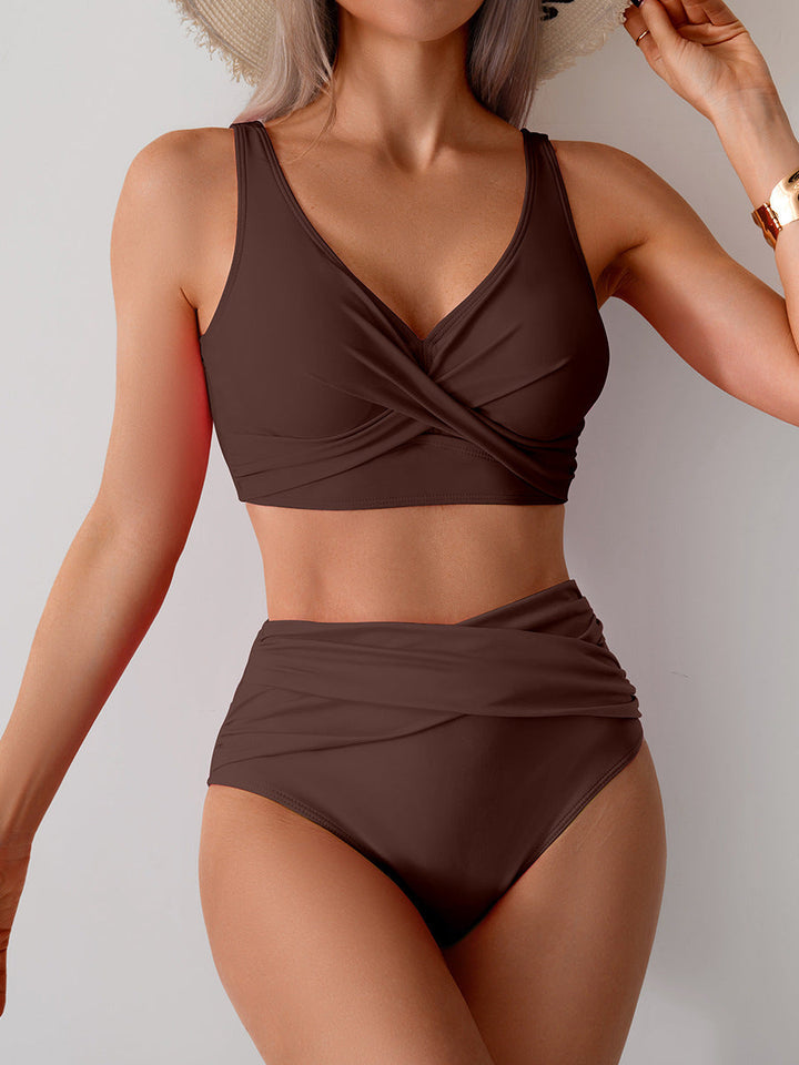 Bikini Due Pezzi Donna Vita Alta - Top Incrociato Contenitivo Tinta Unita