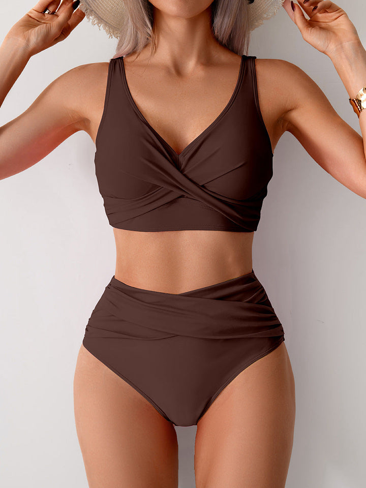 Bikini Due Pezzi Donna Vita Alta - Top Incrociato Contenitivo Tinta Unita