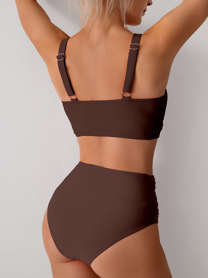 Bikini Due Pezzi Donna Vita Alta - Top Incrociato Contenitivo Tinta Unita