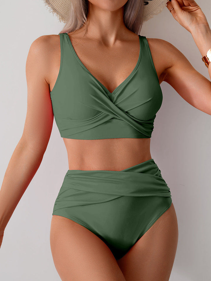 Bikini Due Pezzi Donna Vita Alta - Top Incrociato Contenitivo Tinta Unita