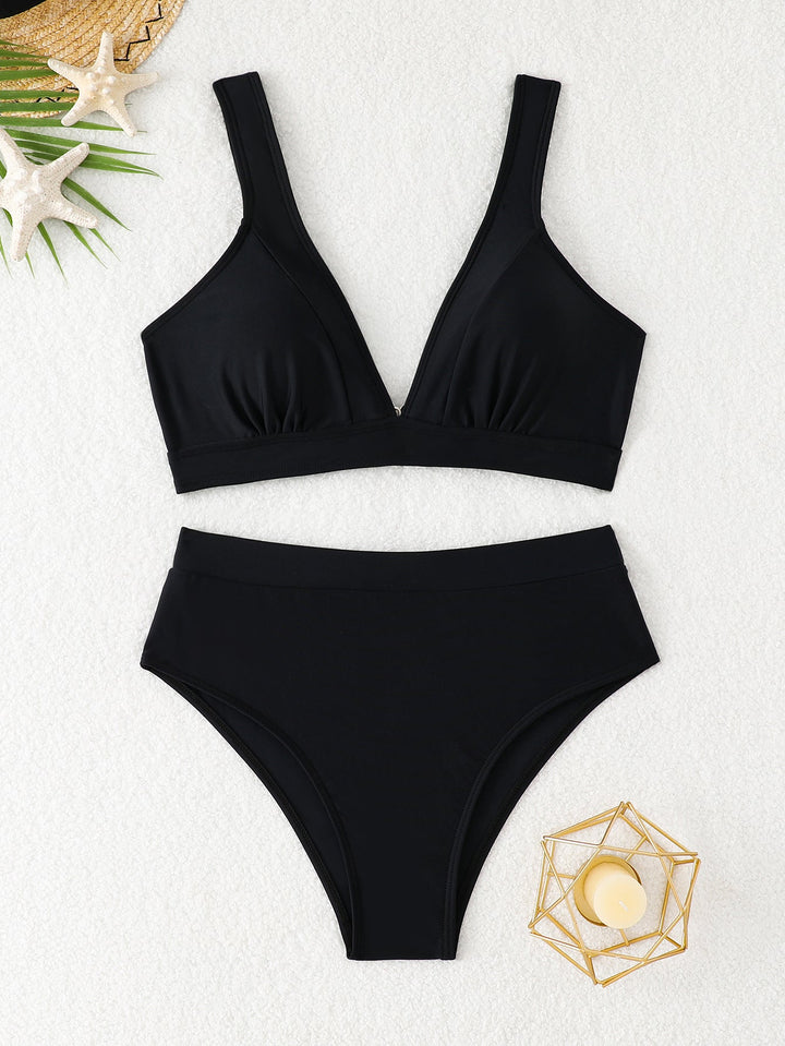 Bikini Due Pezzi Donna Vita Alta – Top Scollo a V Profondo con Spalline Larghe