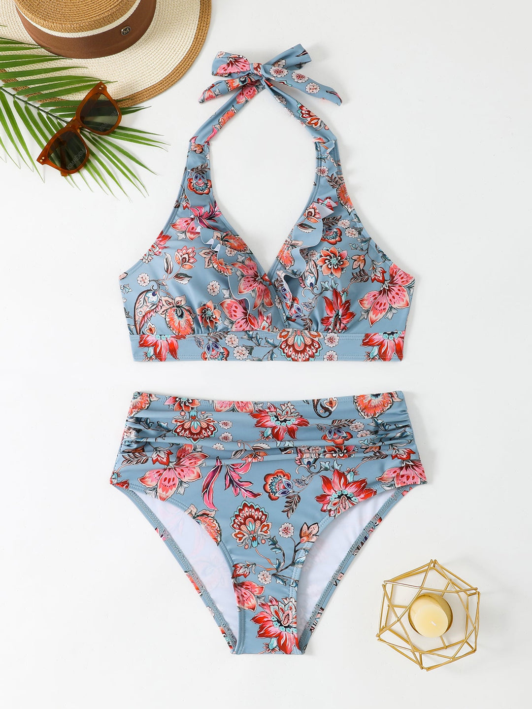 Bikini Due Pezzi Vita Alta Donna – Top Halter Volant e Slip Contenitivo Modellante