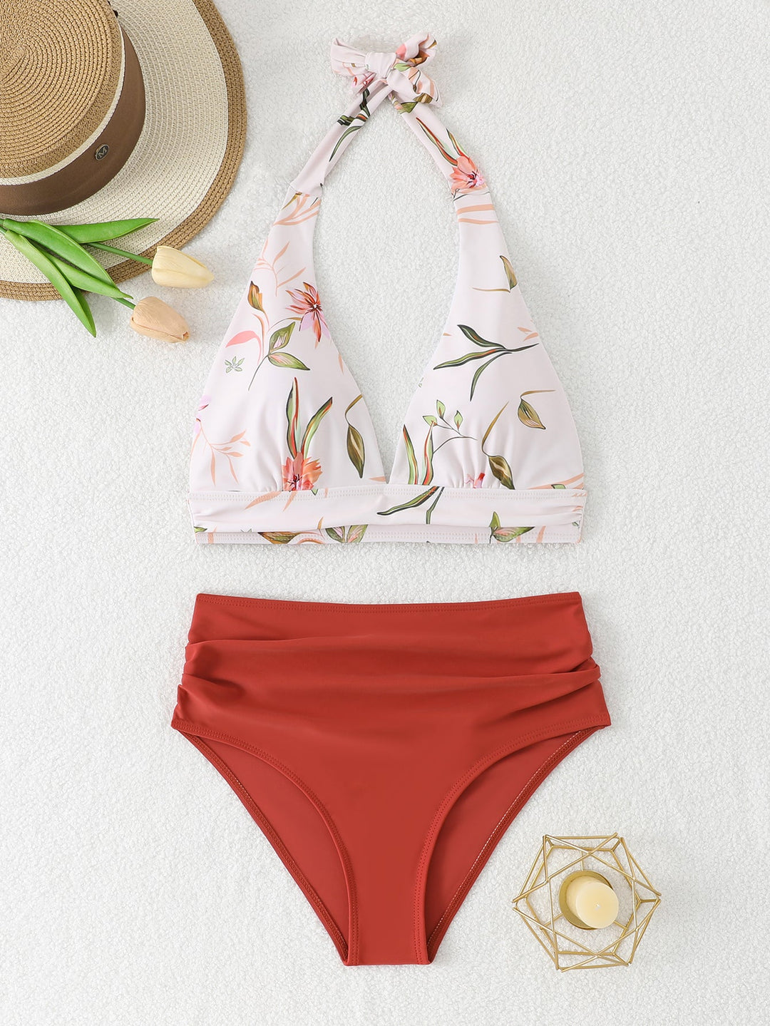 Bikini Due Pezzi Vita Alta Donna – Top Halter Volant e Slip Contenitivo Modellante