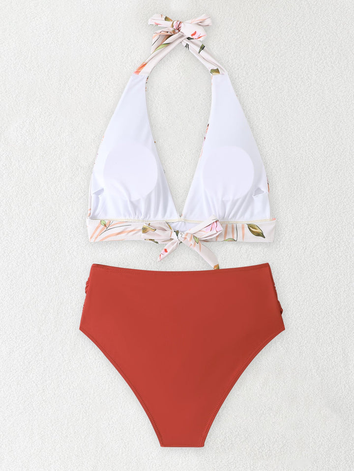 Bikini Due Pezzi Vita Alta Donna – Top Halter Volant e Slip Contenitivo Modellante