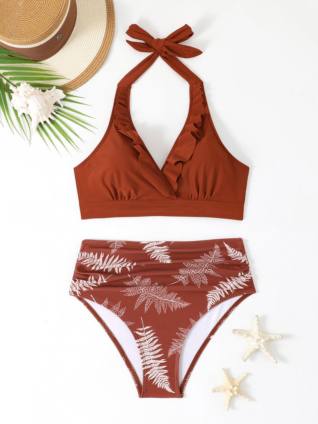 Bikini Due Pezzi Vita Alta Donna – Top Halter Volant e Slip Contenitivo Modellante