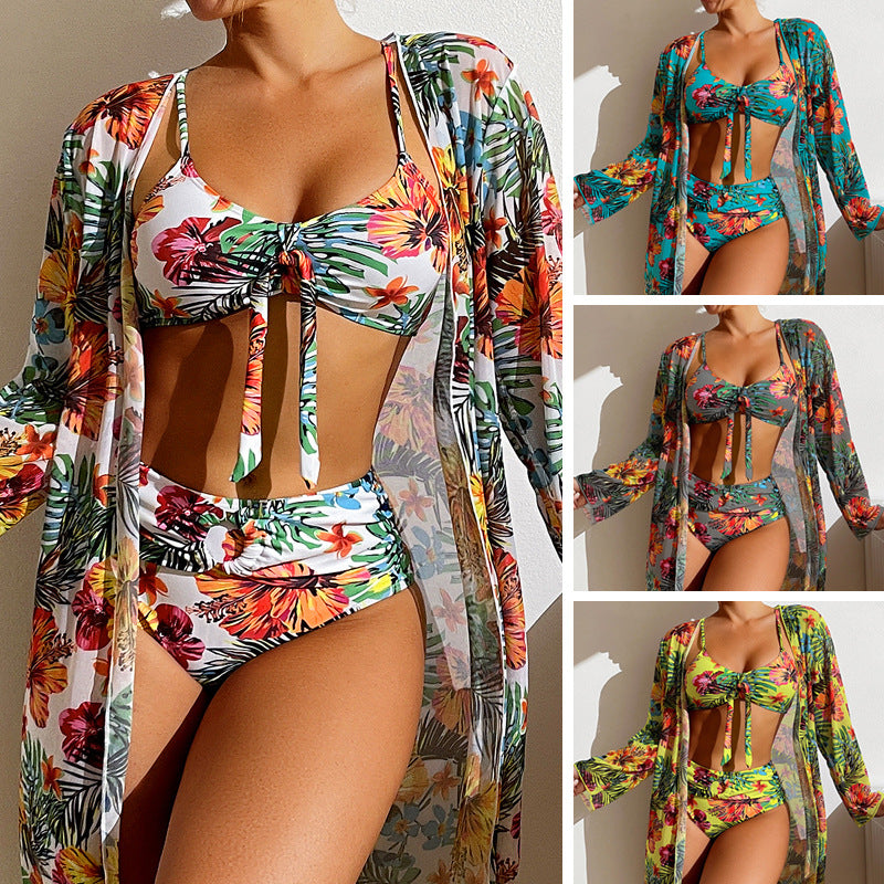 Costume 3 Pezzi Donna Tropicale – Bikini a Vita Alta con Copricostume Leggero